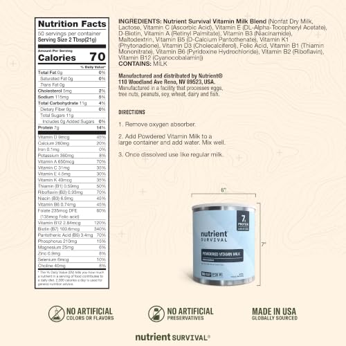 Nutrient Survival Vitamin Powdered Milk 4 Pack | Freeze-Dried, Shelf Stable Emergency Food with 21 Nutrients, Soy & Gluten Free
