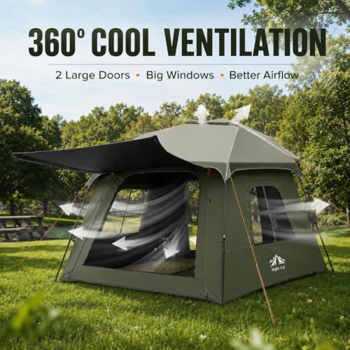 Night Cat 4-Person Green Pop Up Camping Tent with Vestibule & Rainfly, Waterproof