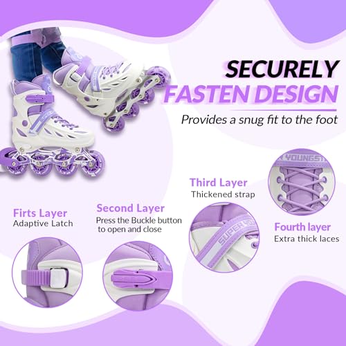 SUPER YOUNGSTER Adjustable Inline Skates for Kids Ages 4-12, Light-Up Wheels, White & Purple, Medium-Big Kid (1-4 US)