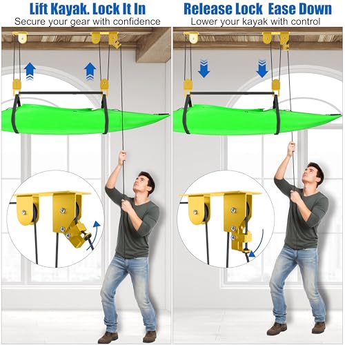 Kayak Pulley System for Garage Ceiling Hoist - 2 Set Self-Locking Canoe Storage