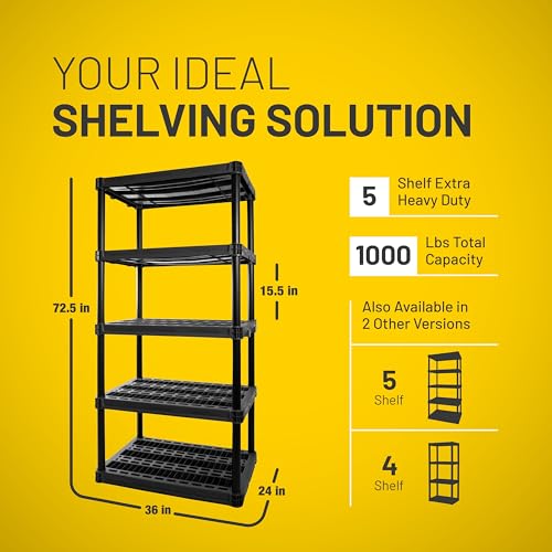 Plano Heavy Duty Plastic Storage Shelves 5-Shelf 1000lb Capacity - Garage, Pantry, Office, Closet