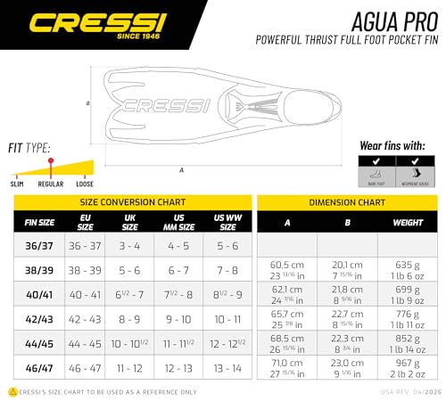Full-Foot Diving Fins for Snorkeling & Scuba - Agua Pro Black 42/43 US M 9/10, US Lady 10/11