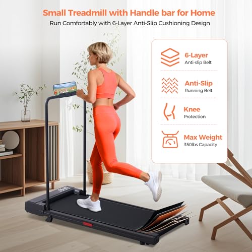 Portable Home Walking Pad Treadmill with Handle Bar, Compact Exercise Machine