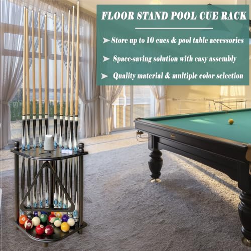 Black Pool Cue Rack Floor Stand for 10 Cues | Hardwood Billiard Accessories