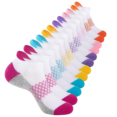Girls Ankle Athletic Socks 12 Pairs - Cushioned Sole, Sizes 4-6, 8-10, 6-8 Years - White, Variation of 7-10 Years