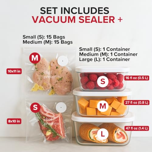 Chef Preserve Vacuum Sealer Bundle with 3 Glass Containers & 30 Reusable Bags