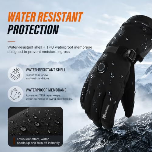 MRAWARM Heated Gloves for Men & Women, Black, Large - Rechargeable Winter Gloves with Touchscreen & Water-Resistant Features