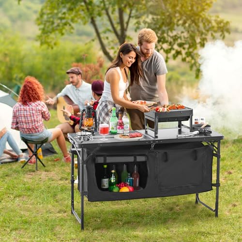 Camping Kitchen Table Black - Foldable Outdoor Cooking Station with Adjustable Heights
