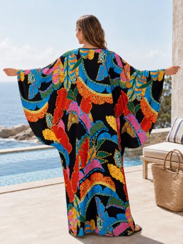Women's V Neck Kaftan Dress Batwing Sleeve Cover Up Side Slit Swimsuit One Size Black with Colorful Leaves