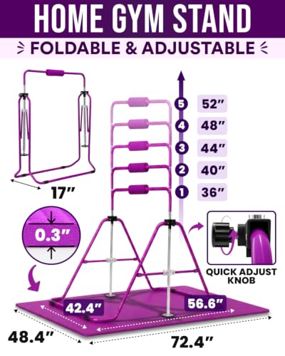 Foldable Kids Gymnastics Bar with Rings and Mat - Adjustable Height, Portable Exercise Equipment