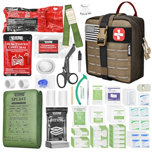 VLITEPRO C-Brown Trauma First Aid Kit 144pcs Portable Emergency Camping Gear with Tourniquet & Splint