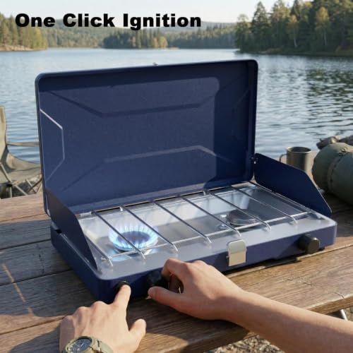 Portable Camping Stove with 2 Burners - Propane Gas Cooktop, Windshield & One-Touch Ignition
