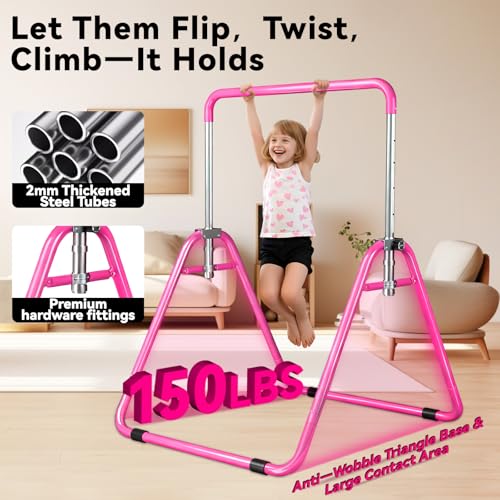 WATBKHE Pink Kids Gymnastics Bar - Adjustable, Foldable Indoor Gym Equipment