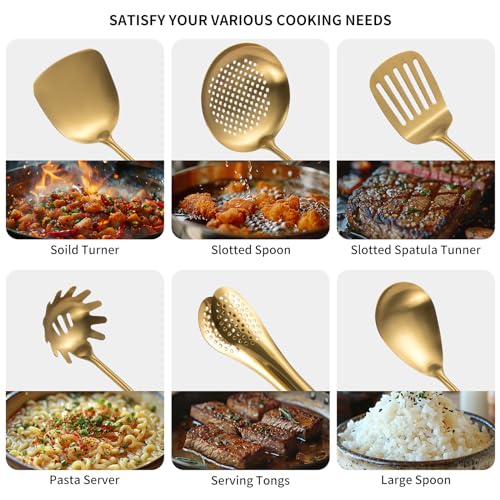 11-Piece Stainless Steel Kitchen Utensil Set with Gold Finish - Dishwasher Safe