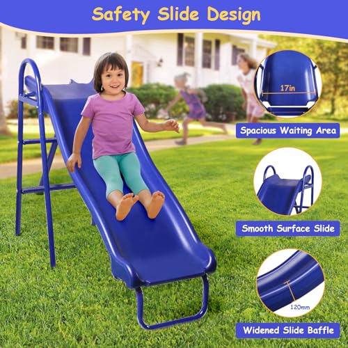 Blue Backyard Swing Set with Kids Slide and Saucer Swing - Heavy-Duty Metal Frame