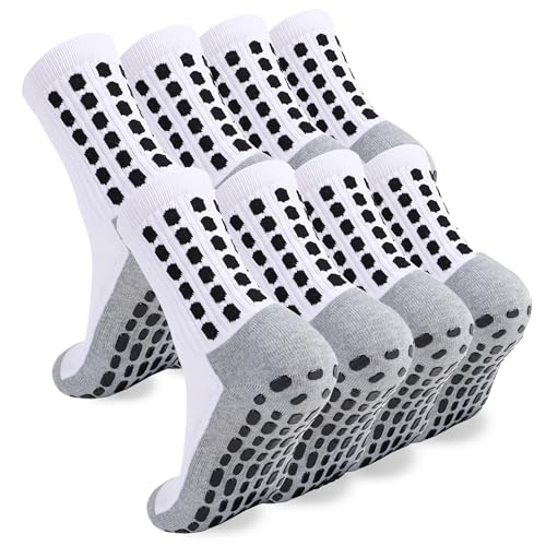 Men's Soccer Socks Grip Pads Non Slip Football Baseball Sports Socks - 4 Pairs / White