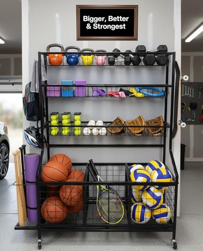 Garage Ball Storage Rack with Casters - Sports Equipment Organizer