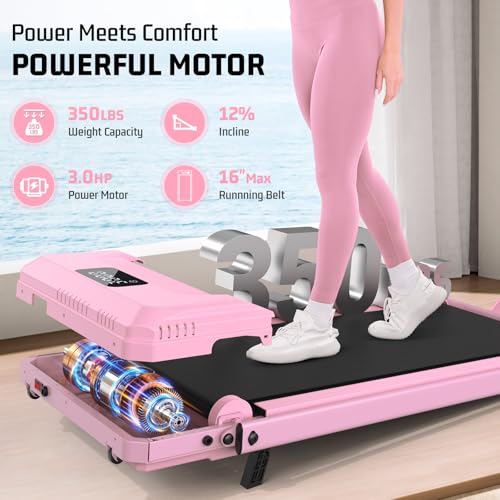 FUNMILY Light Pink Foldable Walking Pad Treadmill with 12% Incline & Handle Bar, 3.5HP Compact Under Desk Exercise Machine for Home & Office