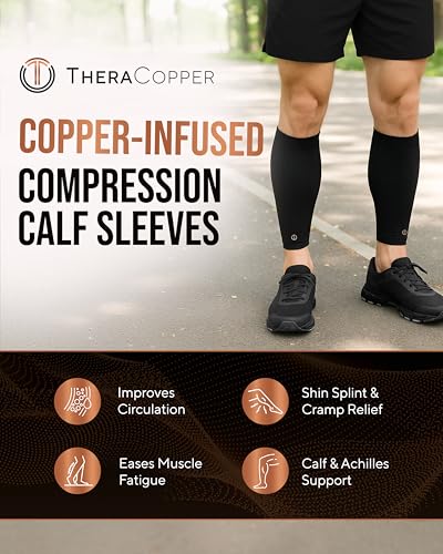 TheraCopper Copper Calf Compression Sleeve Large 2 Pack - Supports & Relieves Muscle Soreness