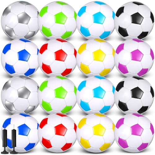Soulchen Size 4 Soccer Balls Bulk Pack with 2 Pumps - 16 Colorful 20cm Sports Balls