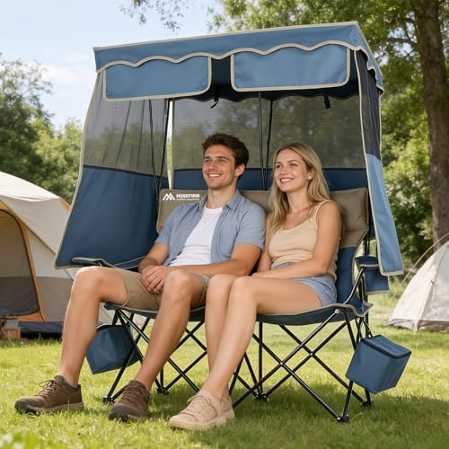 Double Camping Chair with Canopy - Blue, Supports 450LBS, Portable & Comfortable