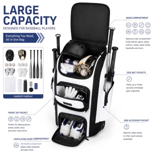 White 55L Wheeled Baseball & Softball Bag with Bat Holders & Ventilated Cleat Compartment