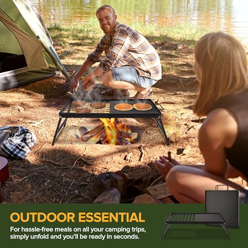 Carbon Steel Foldable Campfire Grill with Non-Stick Surface Portable Cooking Grate & Griddle