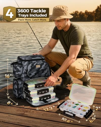 Fishing Backpack with 4 Tackle Boxes and Insulated Cooler - Camouflage