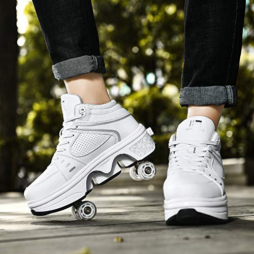 KOFUBOKE 8 High White 2-in-1 Unisex Roller Skates & Sneakers with Retractable Wheels
