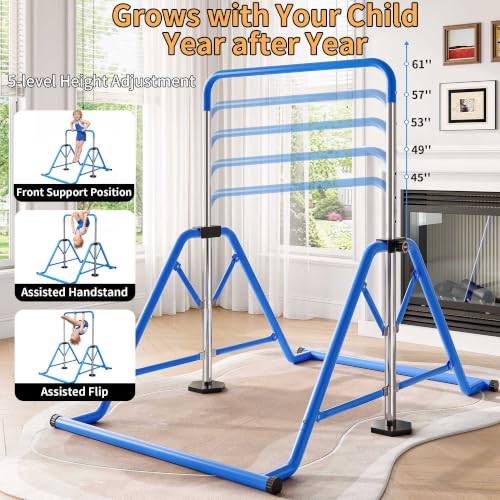Kids Adjustable Gymnastics Bars with Rings - Blue, Space-Saving Foldable Design, 45-61 inches