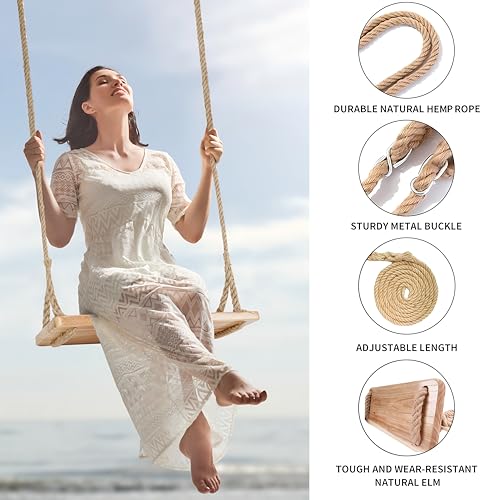 Premkid Raw Wood Hanging Tree Swing with Adjustable Hemp Rope & Tree Straps