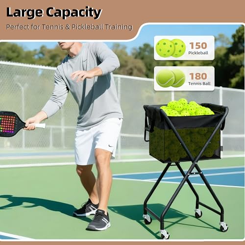 Foldable Tennis Ball Hopper Cart with Removable Ball Bag - Portable Ball Storage Organizer