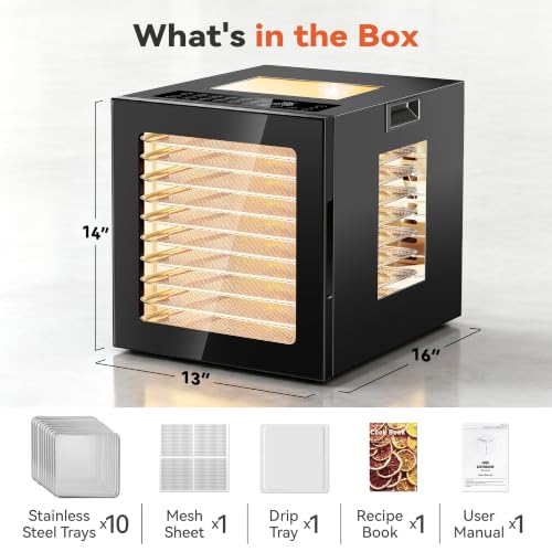 Manastin Food Dehydrator with 10 Stainless Steel Trays - Black, 10 Presets