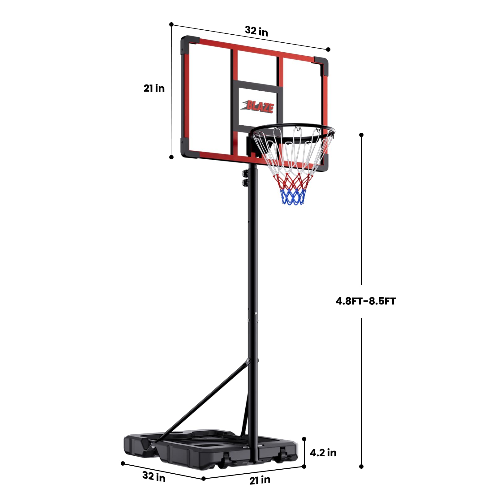 Portable Basketball Hoop for Kids & Teens, 4.1–8.5FT Adjustable Height, 32'' Shatterproof Backboard, Fillable Base with Weight Bag, Outdoor Goal for Backyard & Driveway(Black)