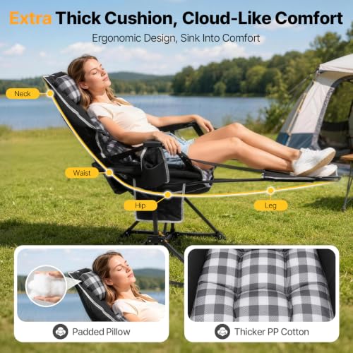 Suteck Black Plaid Hammock Camping Chair with Footrest & Thick Padding