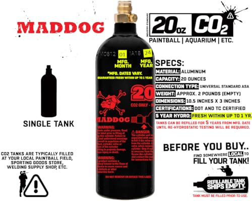 20 Oz Refillable Aluminum CO2 Paintball Tank - Industry-Standard Repeater Valve, Ships Empty