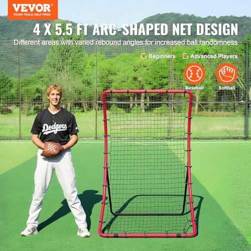 VEVOR 4x5.5 Ft Red Baseball Softball Rebounder Net with Adjustable Angles and Steel Frame