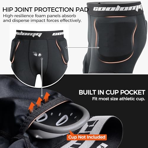 COOLOMG Men's Football Girdle with 7 Pads, Adult Padded Compression Shorts, Black / Medium