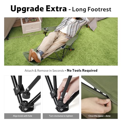 Naturehike Green 3-Position Adjustable Camping Recliner with Footrest - Heavy Duty Folding Lounge Chair, Portable with Carry Bag, Cup Holder & Side Pocket, Supports 330 lbs