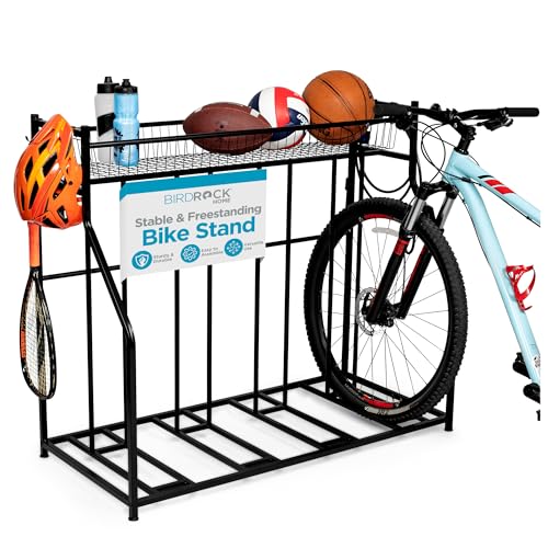 Birdrock Home 4 Bike Stand Garage Storage with Gear Basket & Hooks - Freestanding Bike Rack
