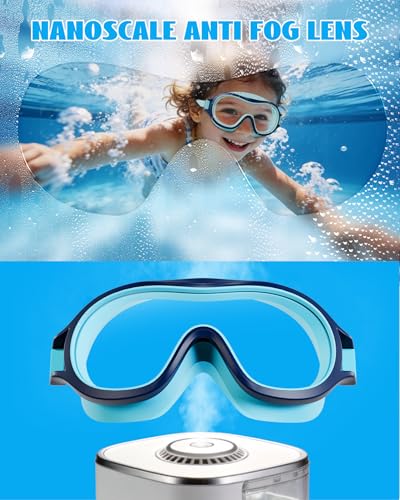Kids Swim Goggles Anti-Fog UV Wide Vision Waterproof No Leak - Blue Green & Cyan Blue
