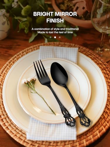Stapava Retro Royal Black Silverware Set for 8 with Steak Knives - 48 pcs, Dishwasher Safe
