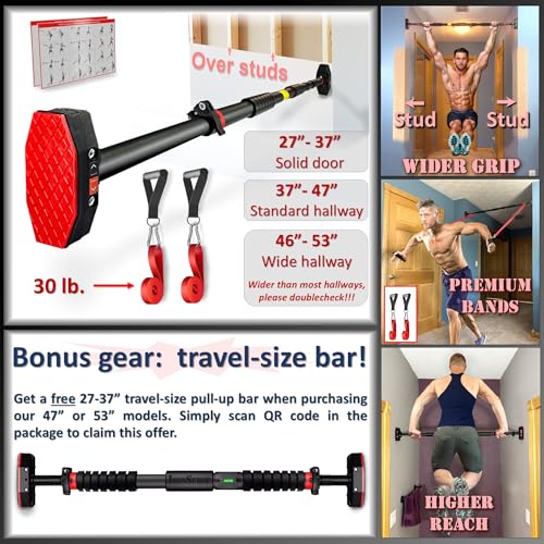 Pull Up Bar for Hallway or Doorway 6-Piece Set with Resistance Bands & Handles - 45-53 Inch Width