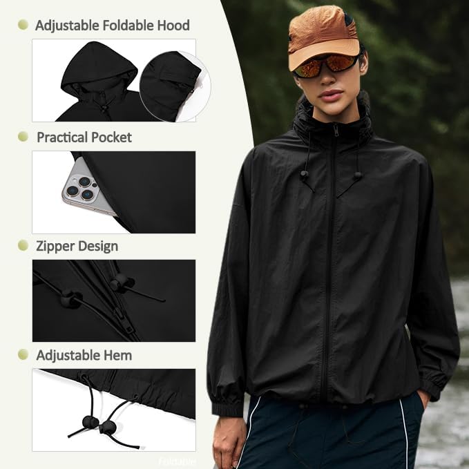 Yousify Women's Waterproof Rain Jacket - Lightweight Hooded Windbreaker with Pocket for Outdoor Hiking