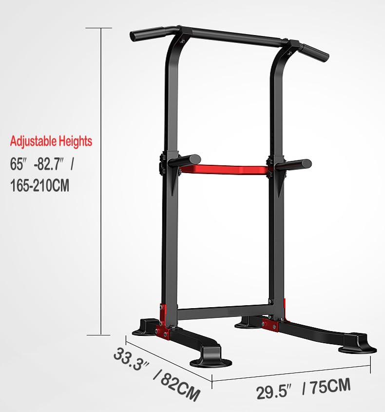 Power Tower Dip Station Pull-Up Bar - Adjustable Height & Non-Slip Feet - Black - 330lbs Capacity