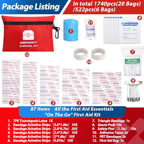 Bulk Mini First Aid Kits with Waterproof Zipper Pouches - 1740 Pieces for Travel, Home, Outdoor & Emergency Use