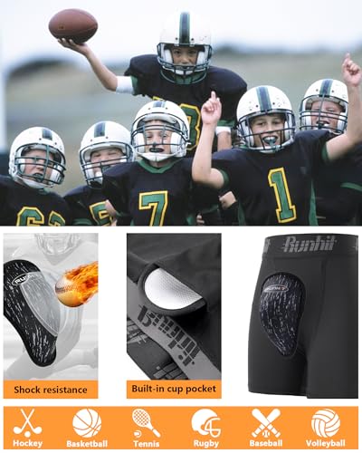 Boys Baseball Football Compression Shorts with Protective Cup - Black, Medium