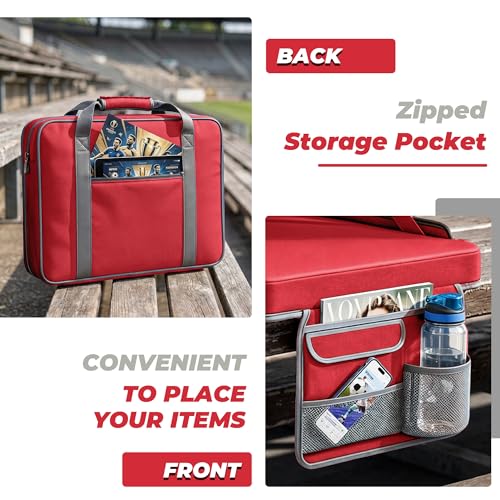 Extra Large Stadium Seat with Back Support, Padded Cushion & Multi-Pocket Storage - Red & Grey Portable Folding Bleacher Chair for Sports & Camping