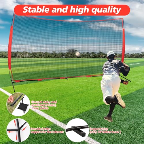 POWSOWER 10x20ft Portable Sports Net with Ground Stakes & Bag - Backyard Backstop for Baseball, Softball, Lacrosse, Soccer (Red)