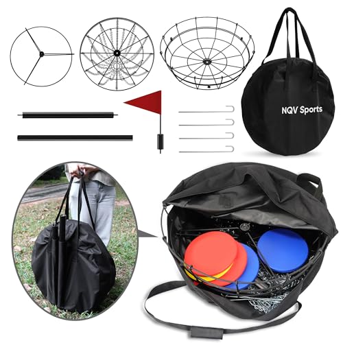 NQV Heavy Duty Black Portable Disc Golf Basket with 24 Chains and Carrying Bag